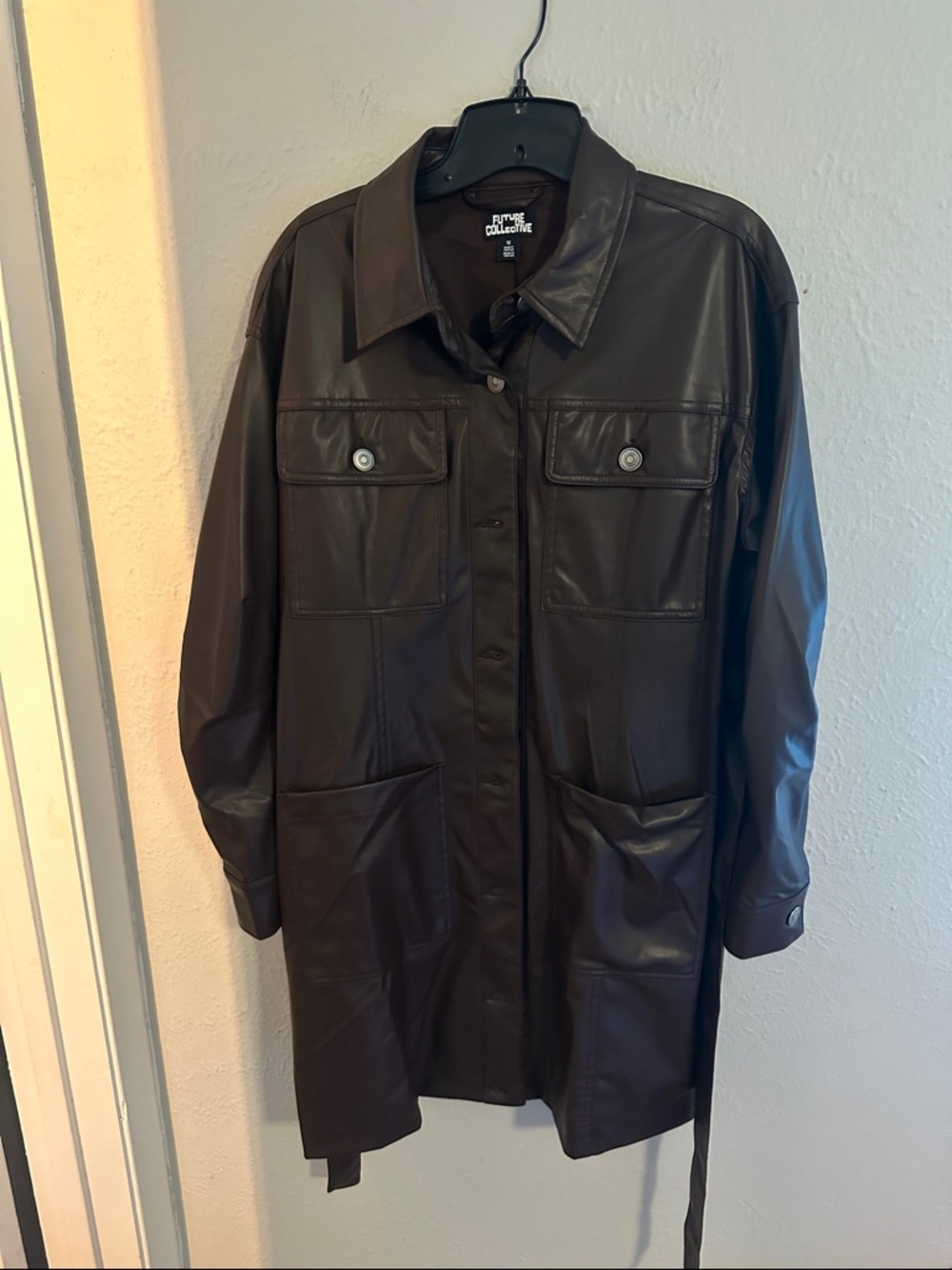 Future Collective Dark Brown Faux Leather Long Sleeve Shirt Dress